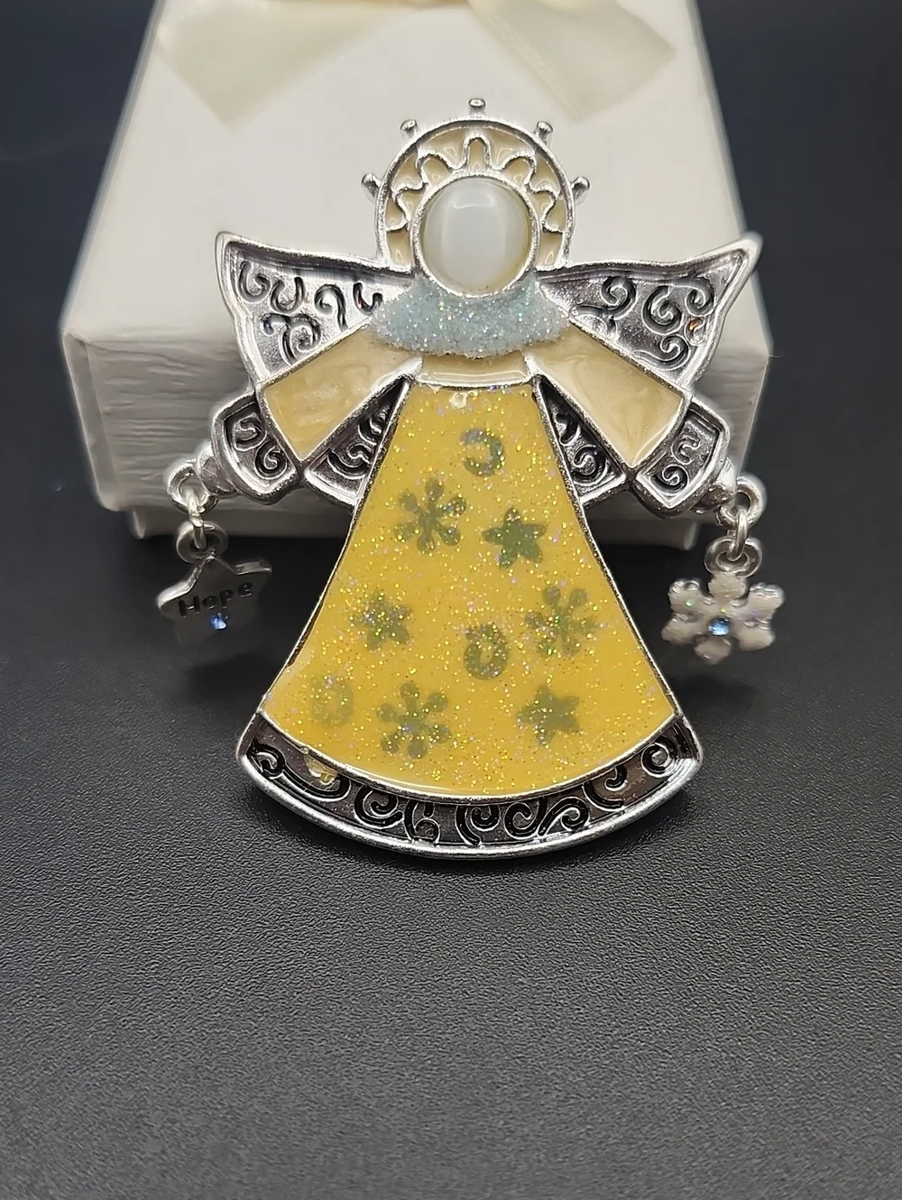 Silver-Tone Angel Brooch with Yellow Enamel Dress